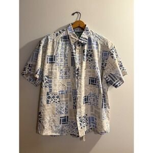 New Man Vintage Geometric Tile Print Short Sleeve Button Down Shirt Blue Tan XL